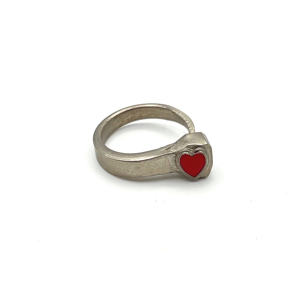 Brushed Silver Tone Red Enamel Heart Bypass Ring Size 6